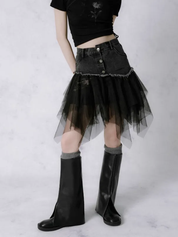 2Way Denim Stitch Mesh Skirt & Top
