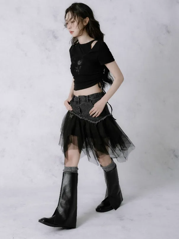 2Way Denim Stitch Mesh Skirt & Top