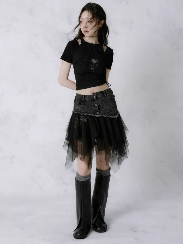 2Way Denim Stitch Mesh Skirt & Top