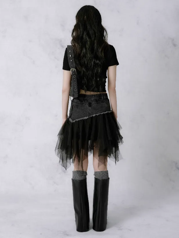 2Way Denim Stitch Mesh Skirt & Top