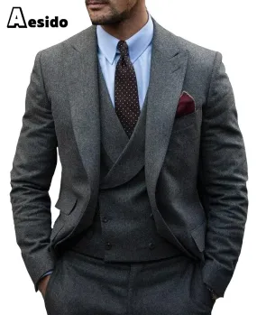 3 Pieces Mens Herringbone Suit For Wedding (Blazer Vest Pants)