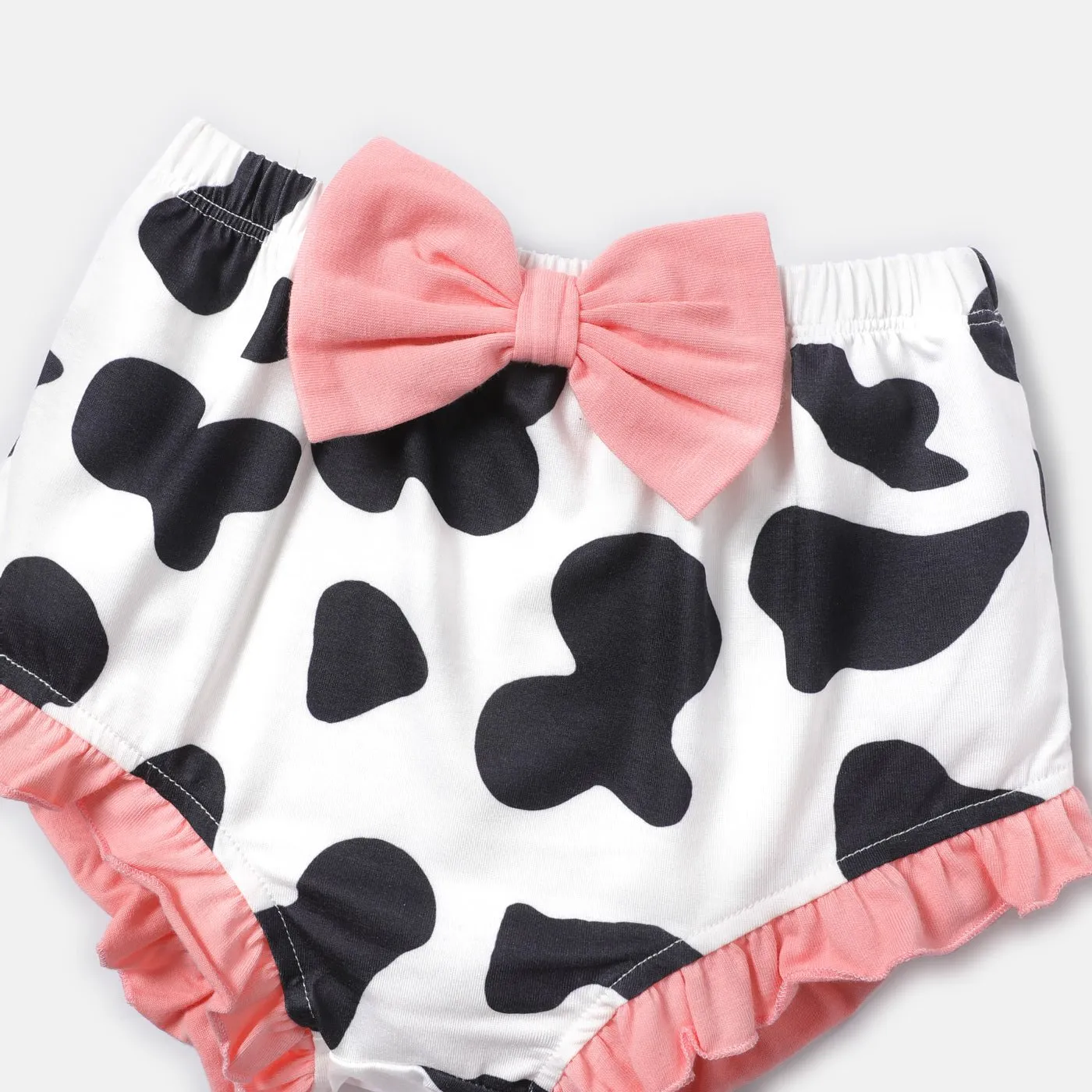 3pcs Baby Girl Cotton Short-sleeve Letter Graphic Romper and Cow Print Naia™ Shorts & Headband Set