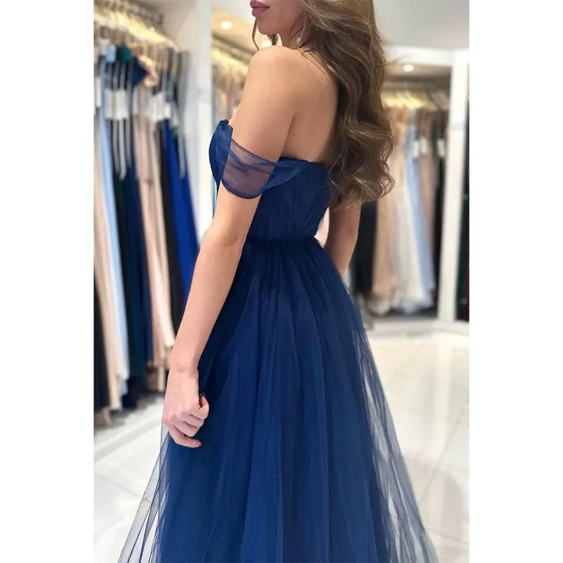 A Line Sweetheart Tulle Pleated Long Prom Formal Dress