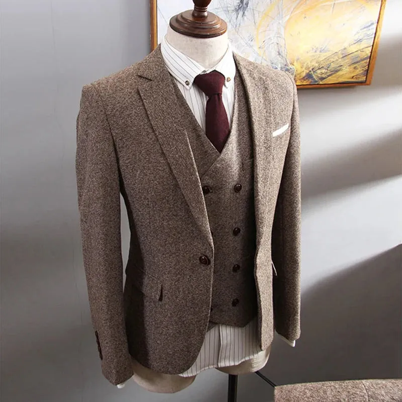 Aidase New Arrival khaki Tweed Groom Tuxedos Notch Lapel Groomsmen Mens Wedding Business Prom Suits 3Pieces Suits (Jacket Pants Vest)
