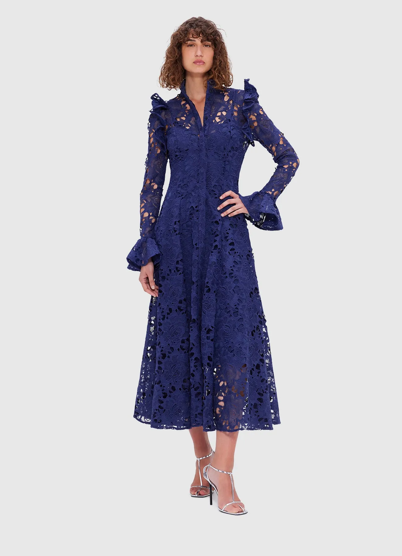 Aliyah Lace Butterfly Sleeve Midi Dress - Oxford Blue