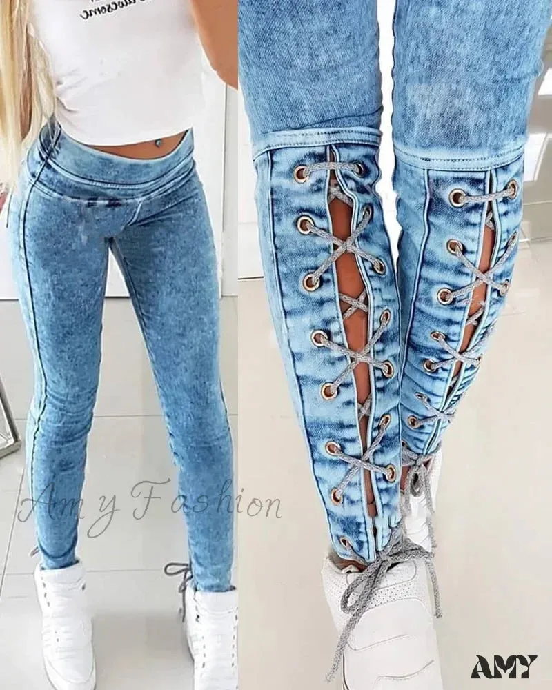 Amy Fashion - Slim-Fit Lace Up for Women Spring Autumn Fashion Streetwear Trousers Mid Waist Denim Pencil Pants Jean