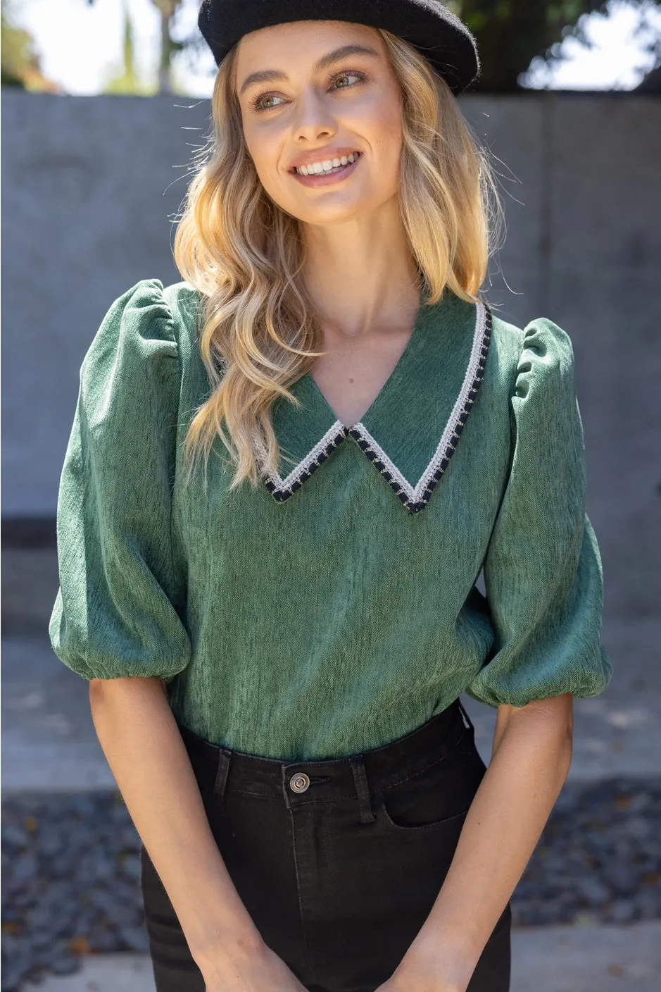 Apparel- VOY Contrast Trim Outlined Collard Knit Top