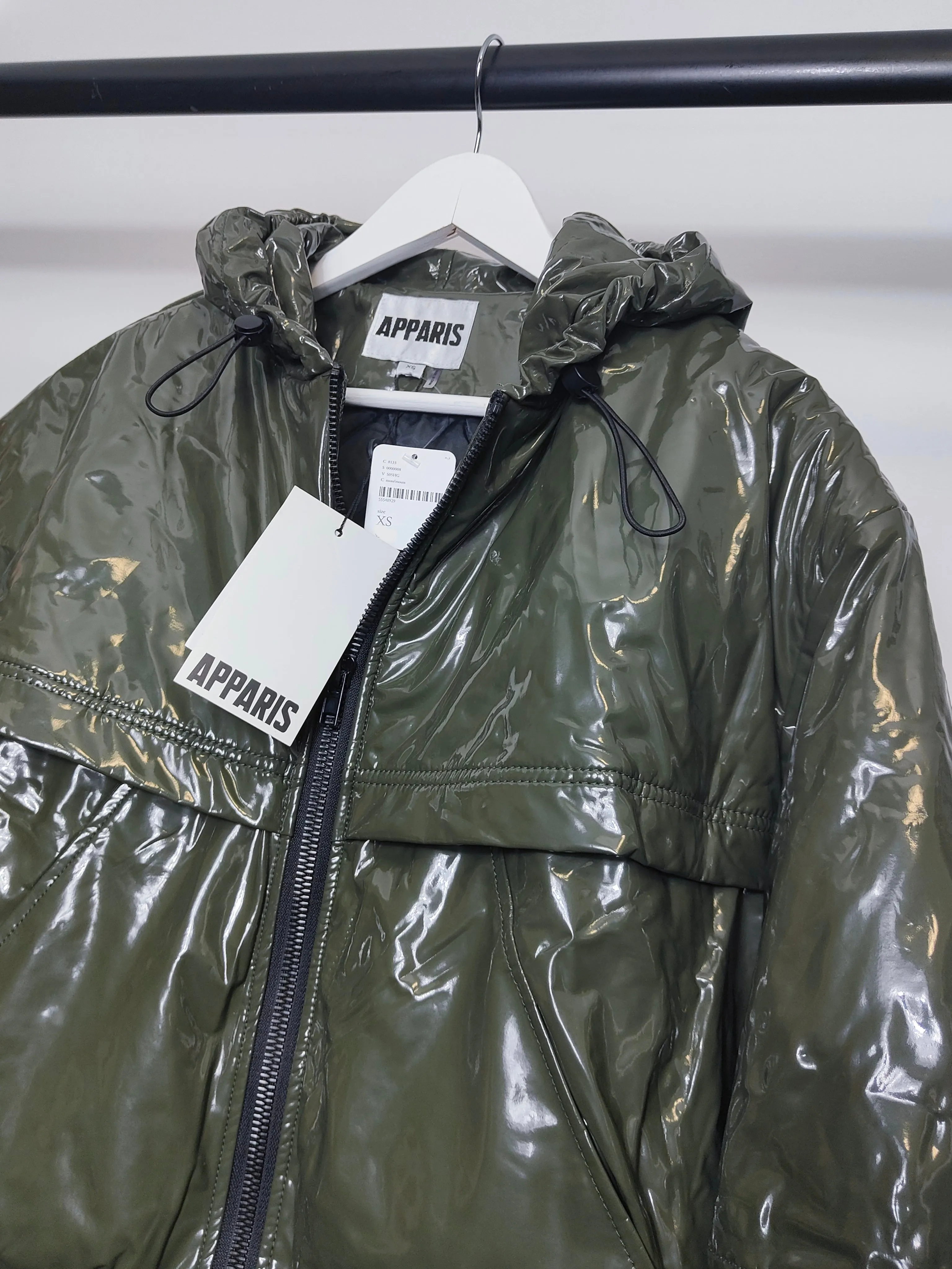 Apparis Women's High Shine Vinyl Quilted Crop Jacket in Khaki XS