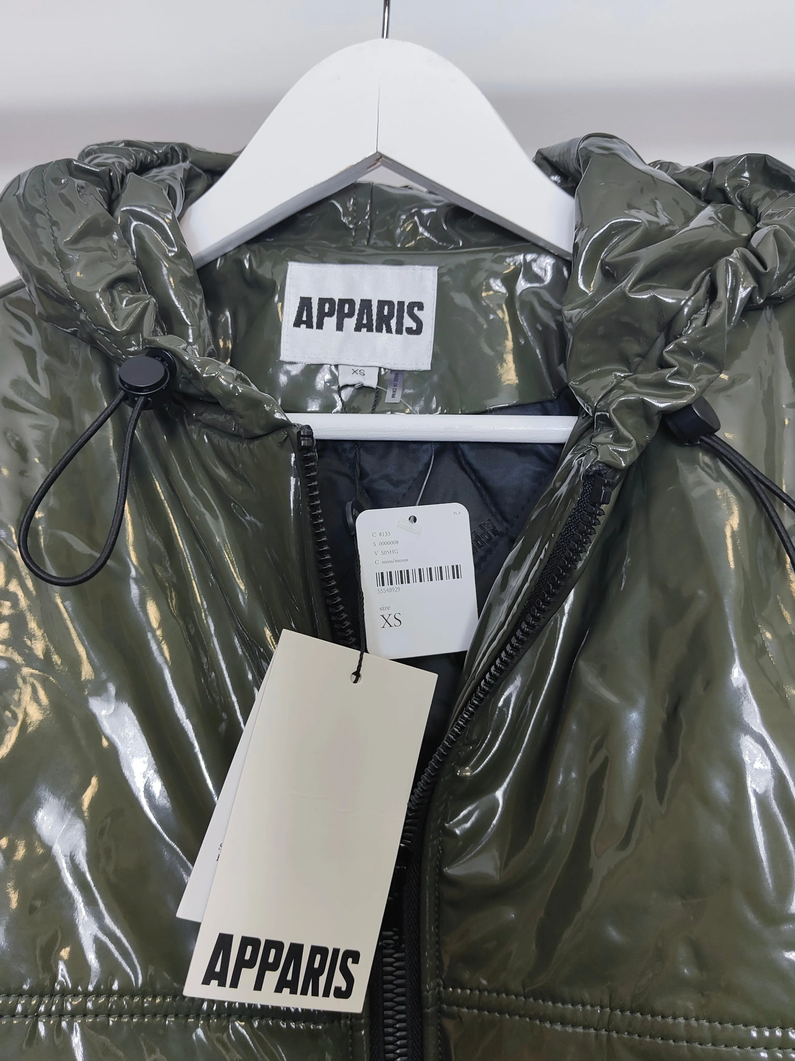 Apparis Women's High Shine Vinyl Quilted Crop Jacket in Khaki XS
