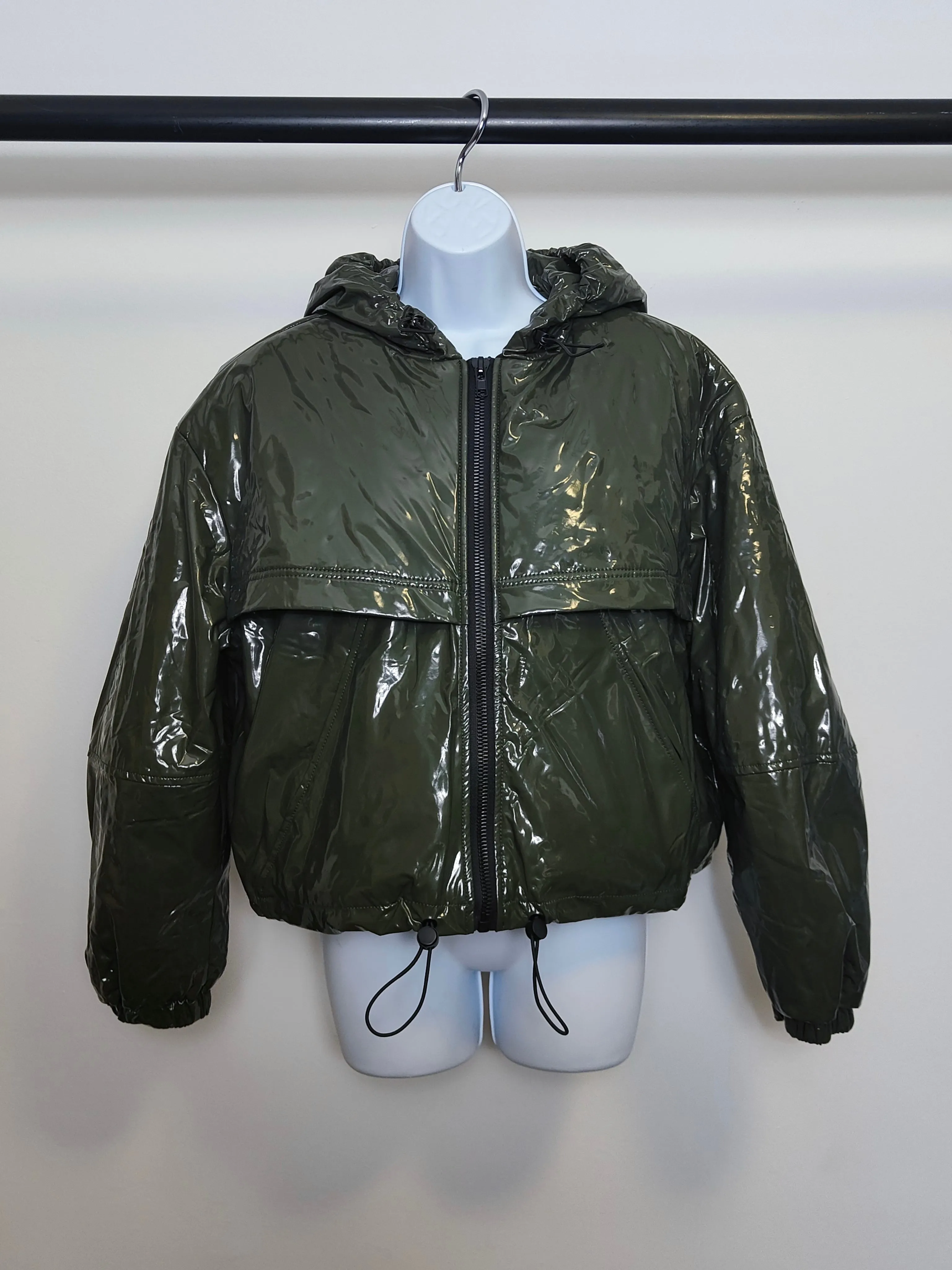 Apparis Women's High Shine Vinyl Quilted Crop Jacket in Khaki XS
