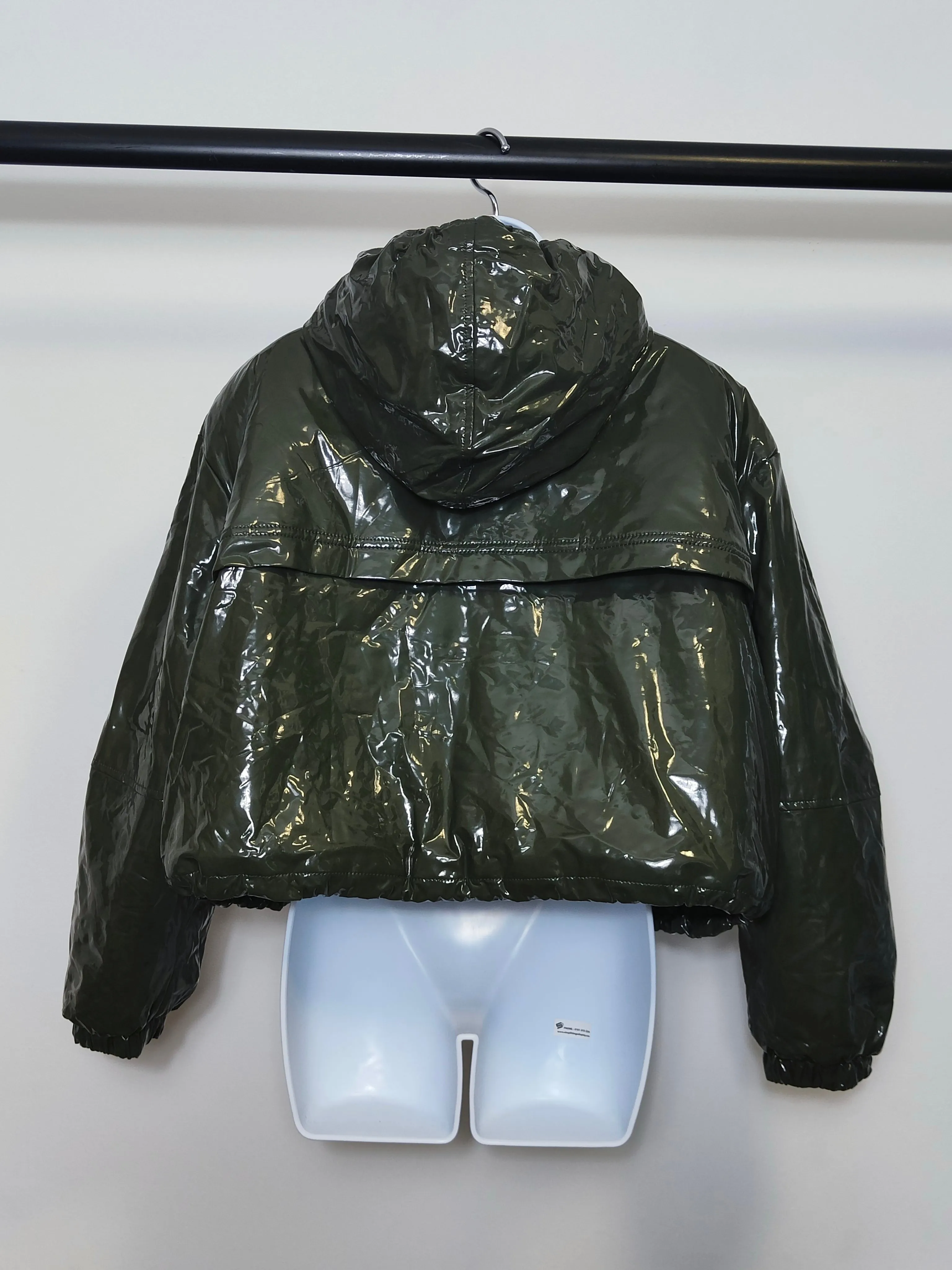 Apparis Women's High Shine Vinyl Quilted Crop Jacket in Khaki XS