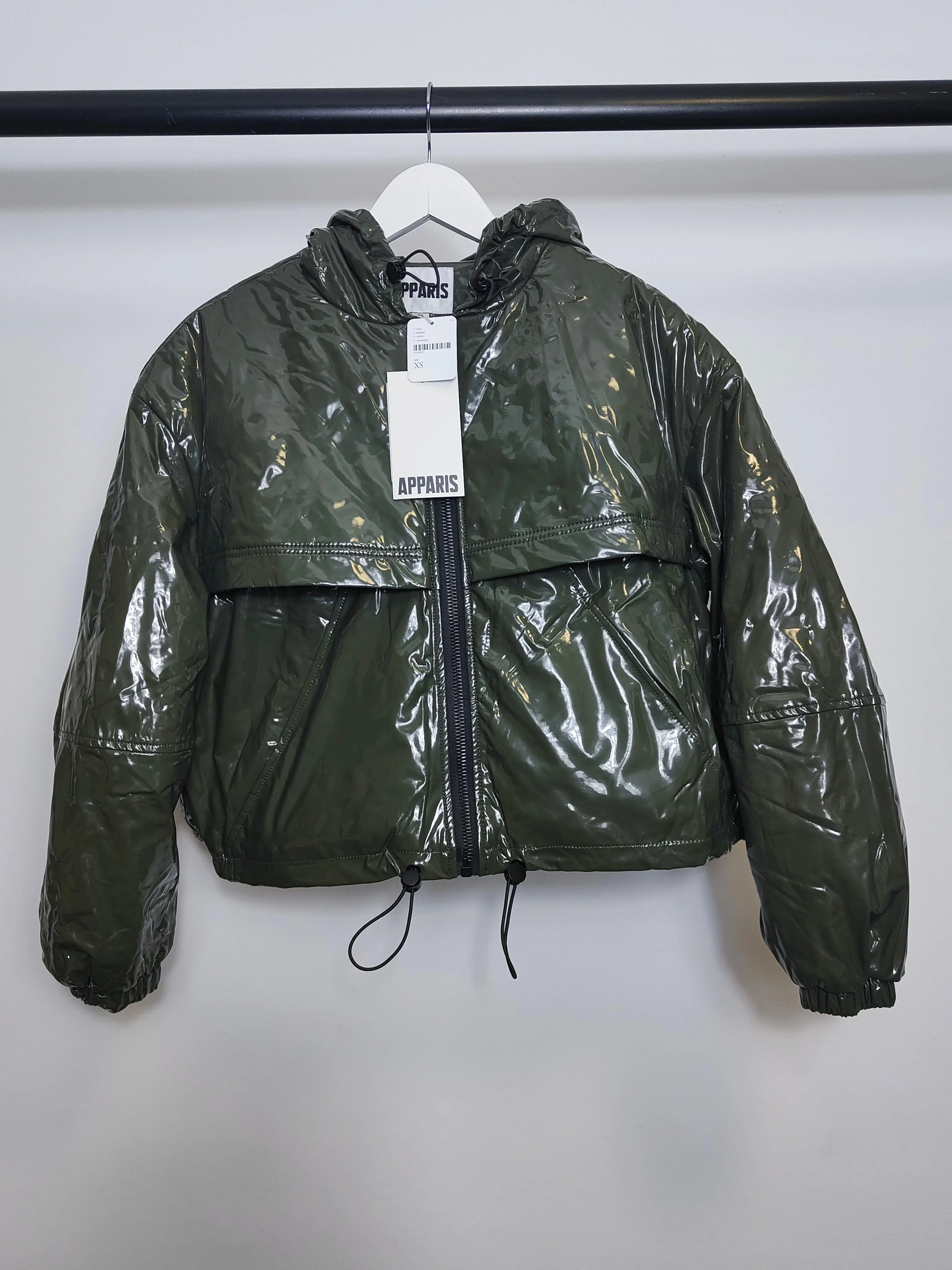 Apparis Women's High Shine Vinyl Quilted Crop Jacket in Khaki XS