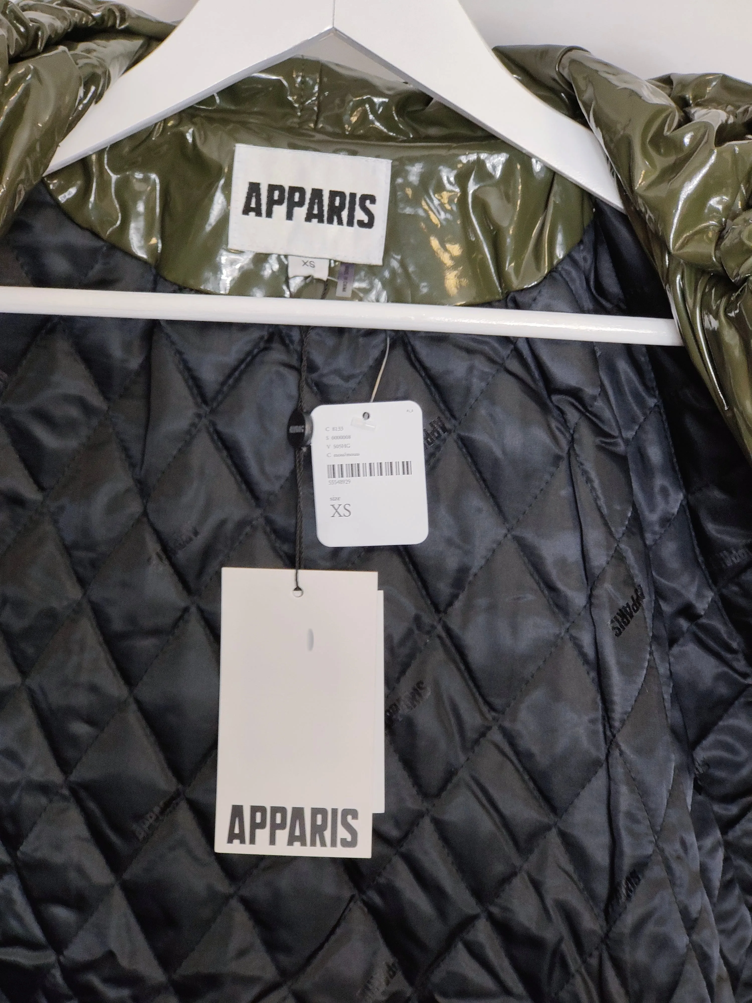 Apparis Women's High Shine Vinyl Quilted Crop Jacket in Khaki XS