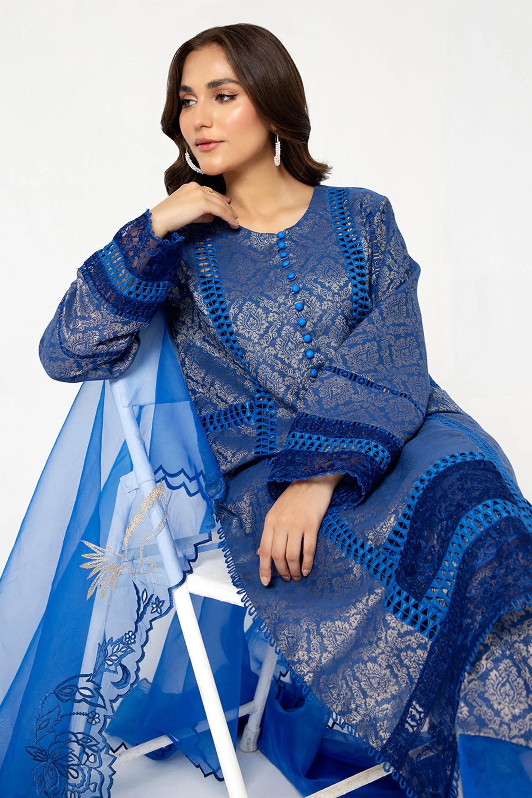 Arif Ashraf - Mavi - Electric Blue - Self Jacquard and Organza - 3 Piece