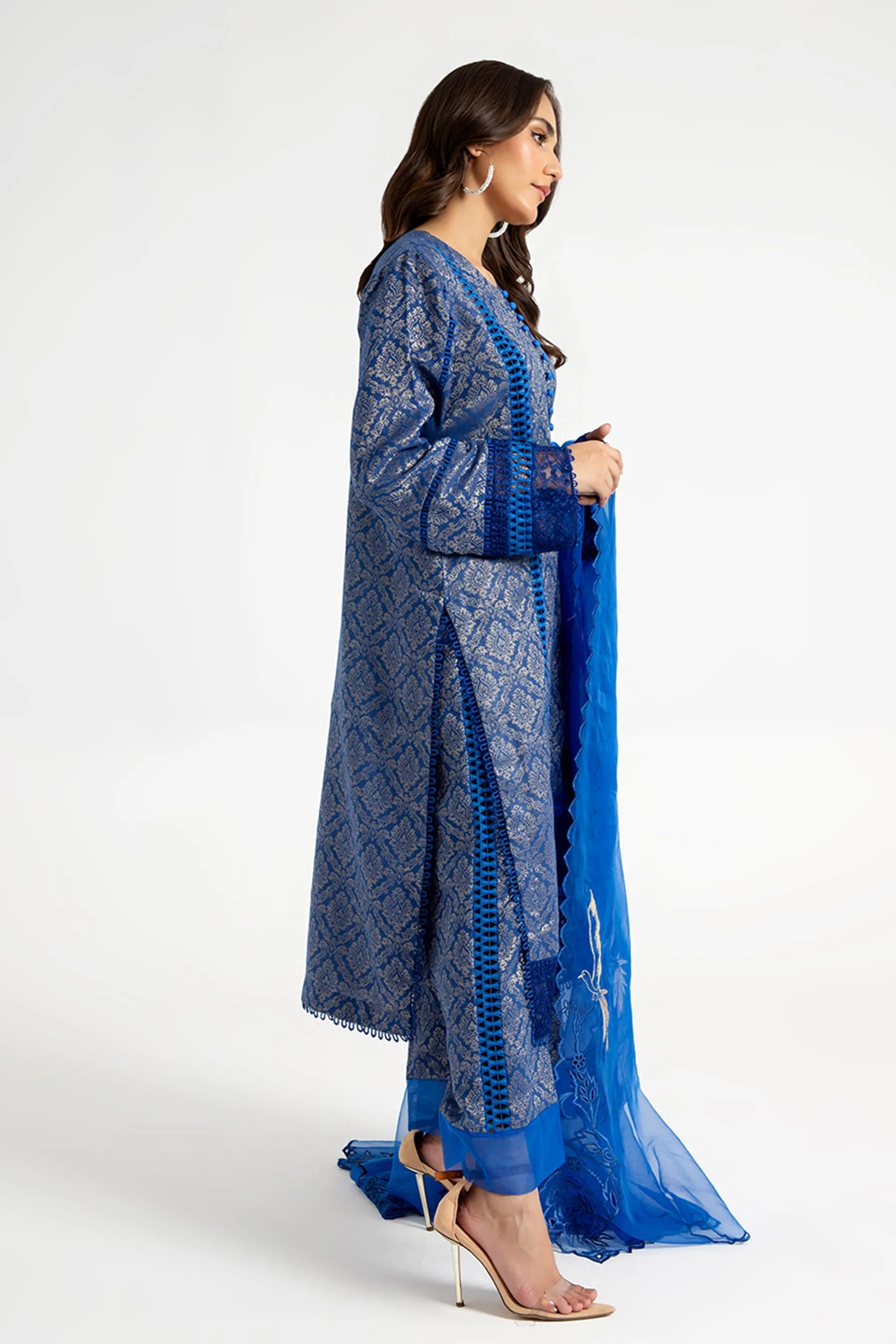 Arif Ashraf - Mavi - Electric Blue - Self Jacquard and Organza - 3 Piece