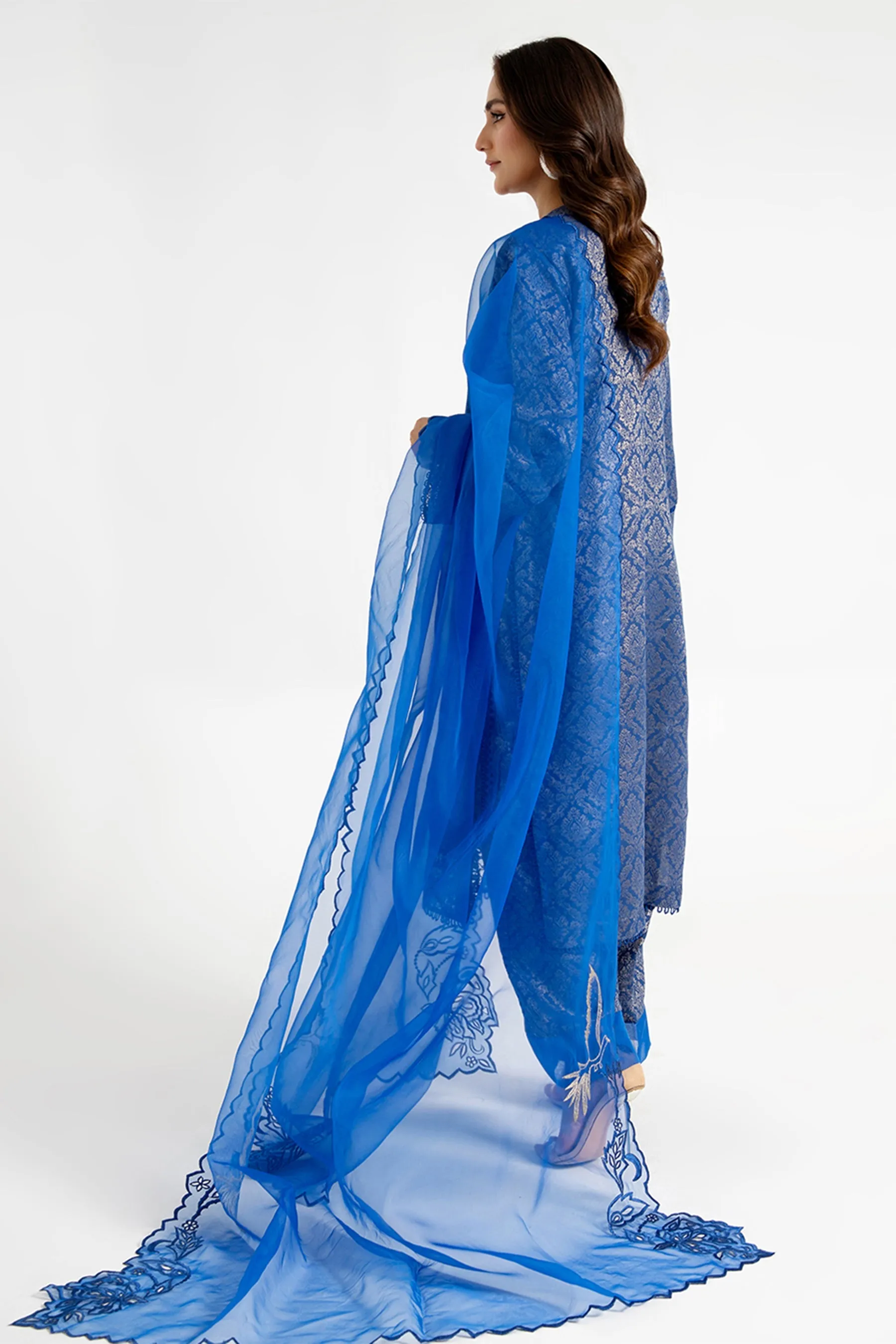 Arif Ashraf - Mavi - Electric Blue - Self Jacquard and Organza - 3 Piece