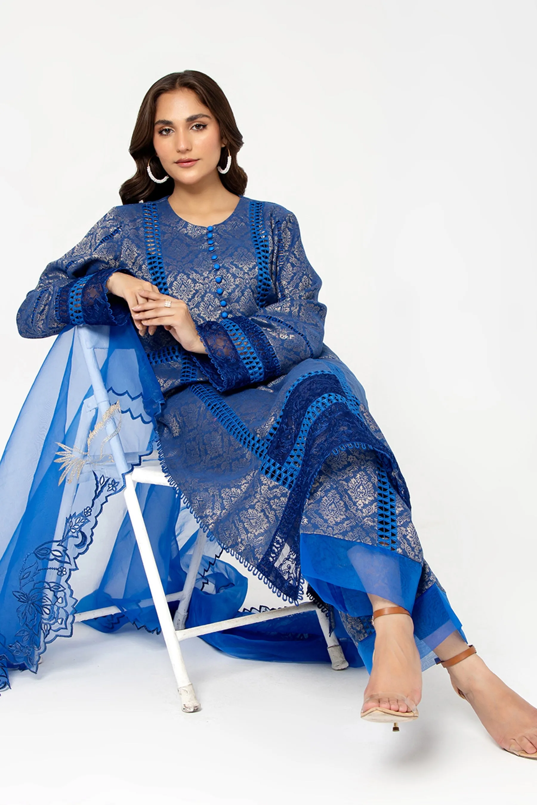 Arif Ashraf - Mavi - Electric Blue - Self Jacquard and Organza - 3 Piece