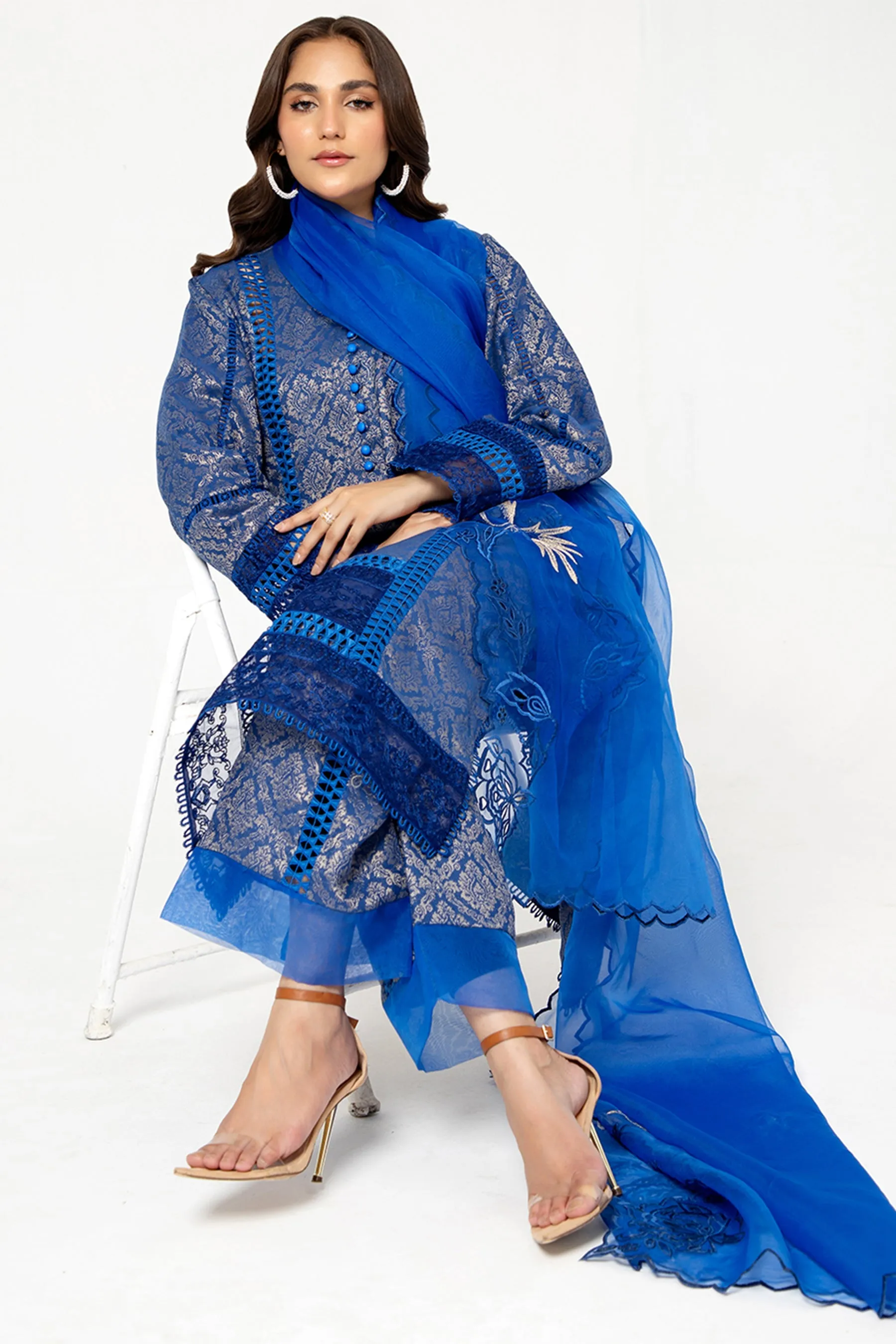 Arif Ashraf - Mavi - Electric Blue - Self Jacquard and Organza - 3 Piece