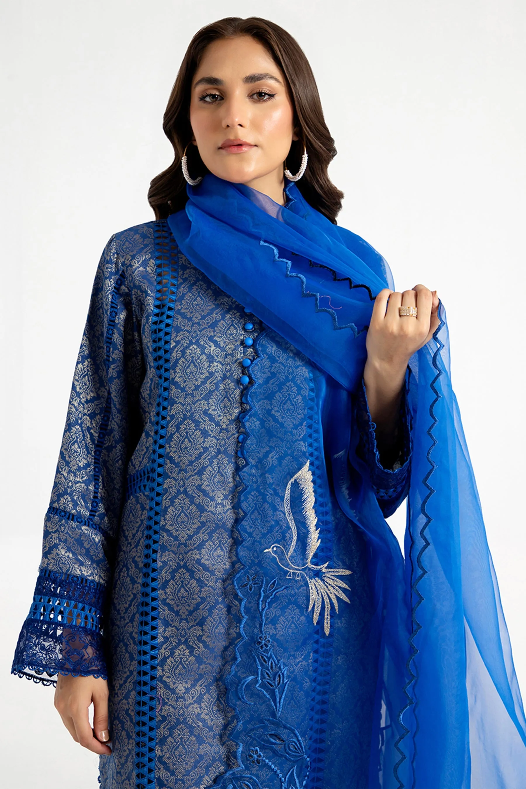 Arif Ashraf - Mavi - Electric Blue - Self Jacquard and Organza - 3 Piece