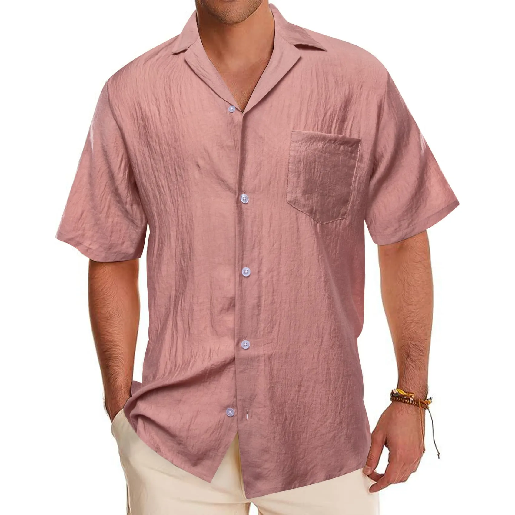 Barry Wang Shirt RosyBrown Pink Solid Button Up Short Sleeves Shirt