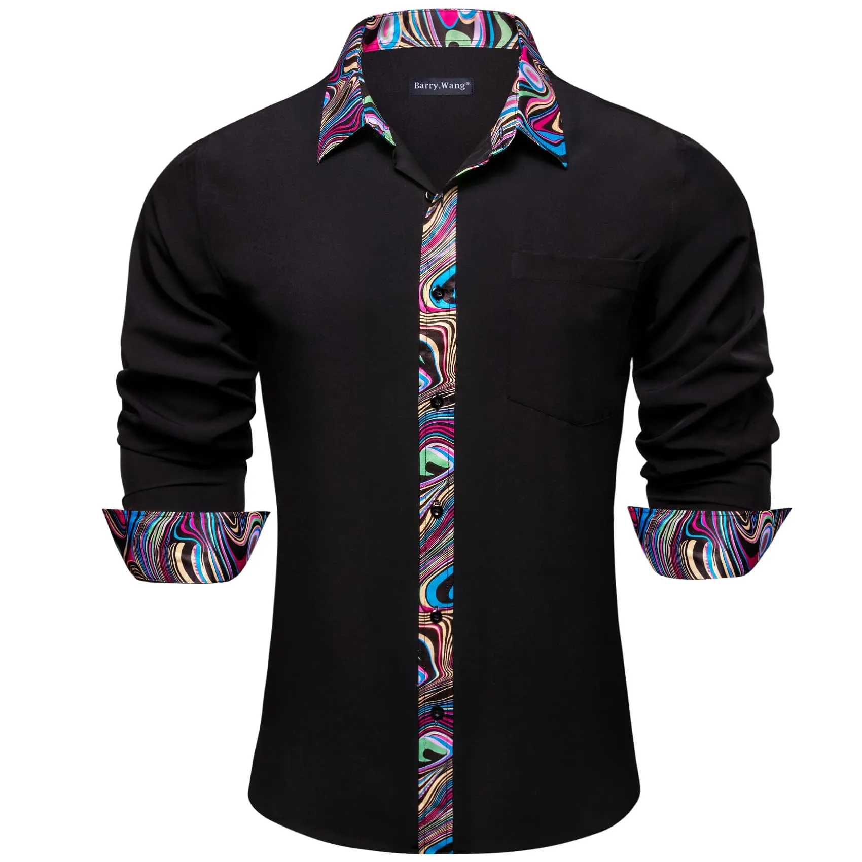 Barry.Wang Black Dress Shirt Novelty Splicing Shirt for Men Long Sleeve