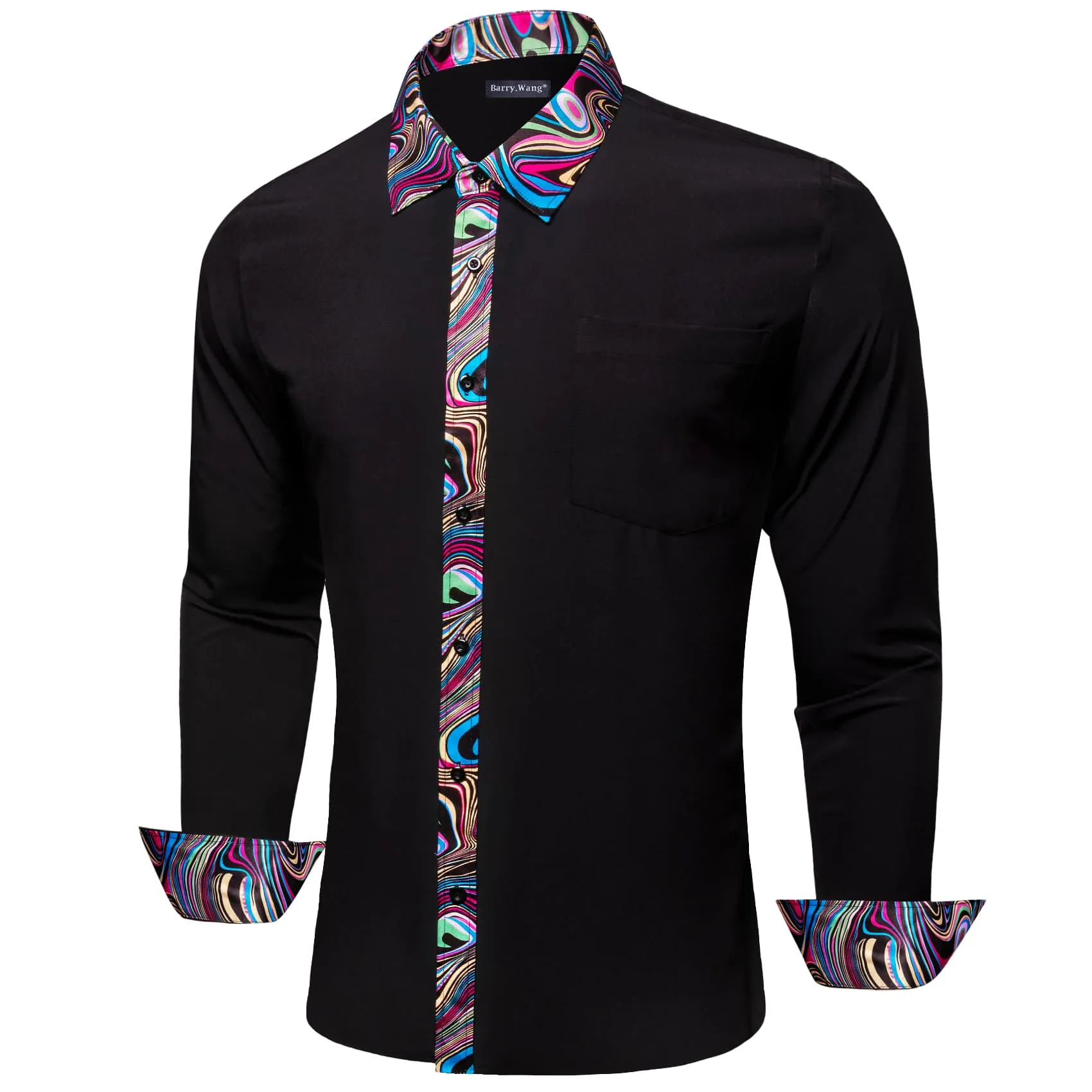 Barry.Wang Black Dress Shirt Novelty Splicing Shirt for Men Long Sleeve