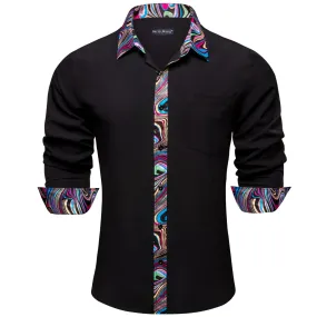 Barry.Wang Black Dress Shirt Novelty Splicing Shirt for Men Long Sleeve