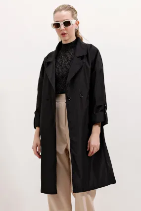 BGD Women Double-Breasted Collar Lined Trench Coat - Black - Avondale