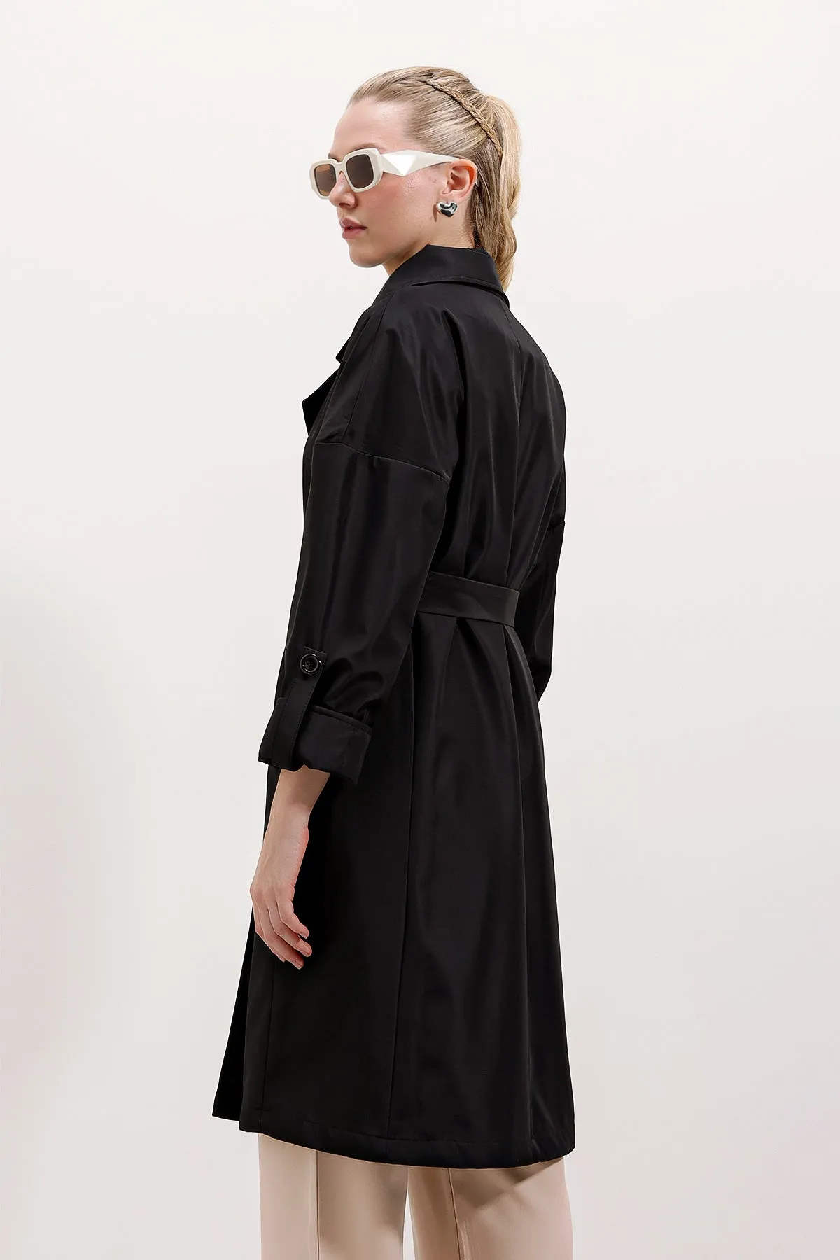 BGD Women Double-Breasted Collar Lined Trench Coat - Black - Avondale