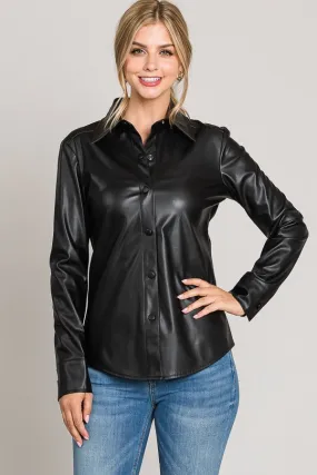 Black Pleather Snap Button Dress Shirt