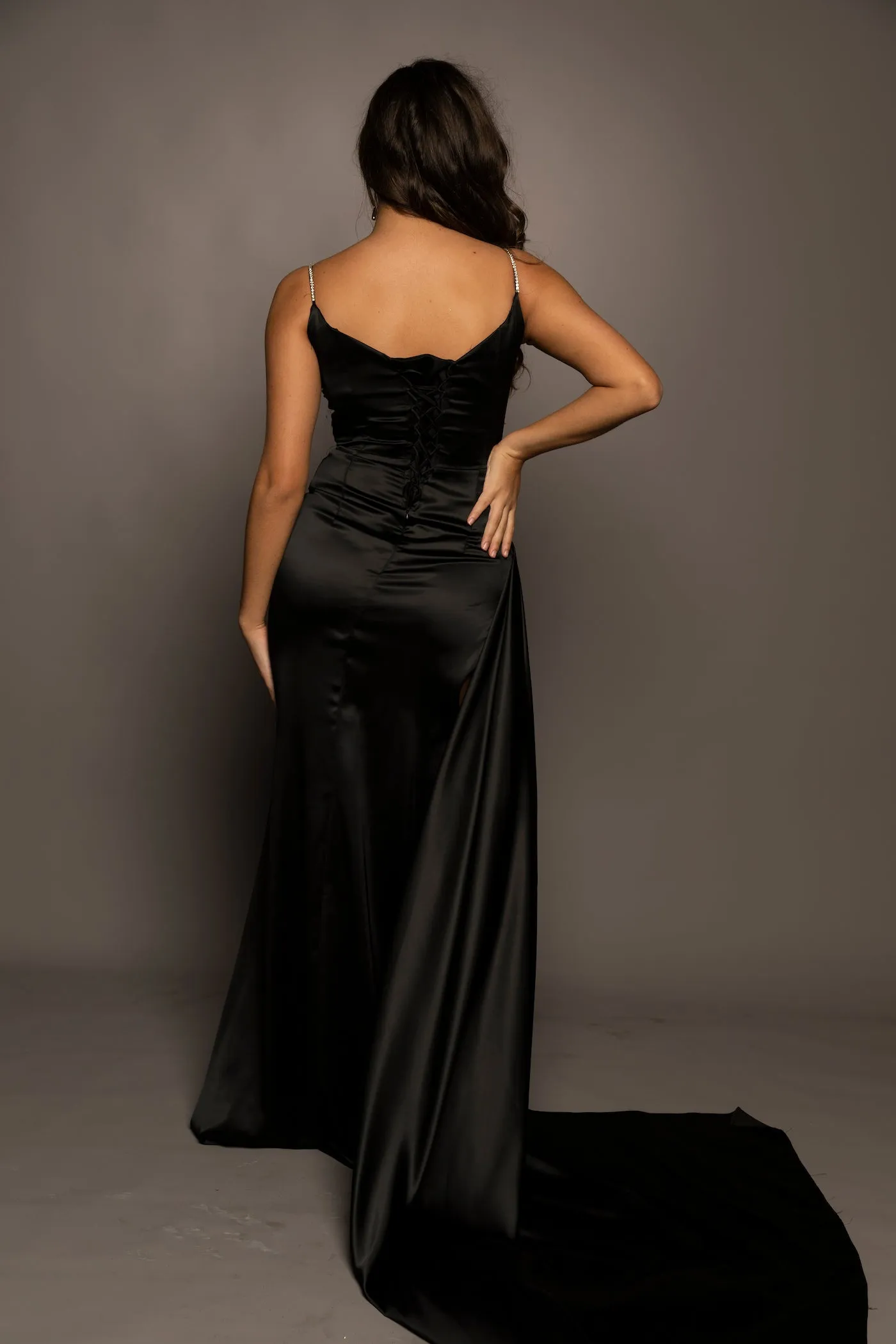 Black satin dress with crystal details for hire