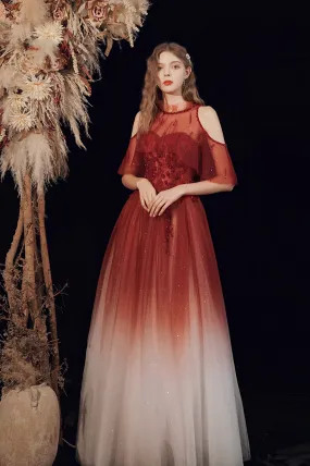 Burgundy Tulle Long Prom Dress with Sequins, Cute A-Line Party Dress