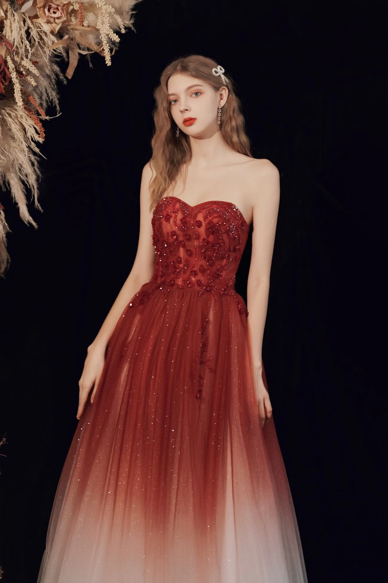 Burgundy Tulle Long Prom Dress with Sequins, Cute A-Line Party Dress
