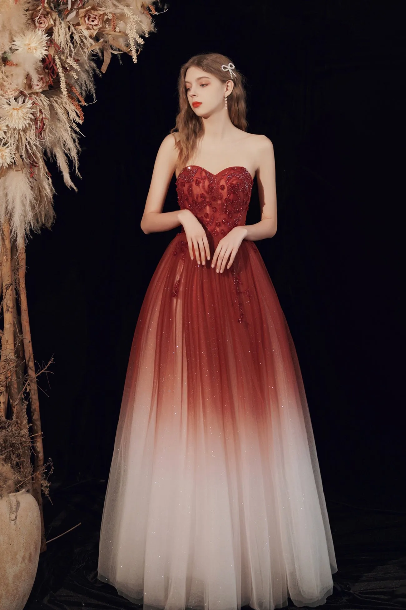 Burgundy Tulle Long Prom Dress with Sequins, Cute A-Line Party Dress