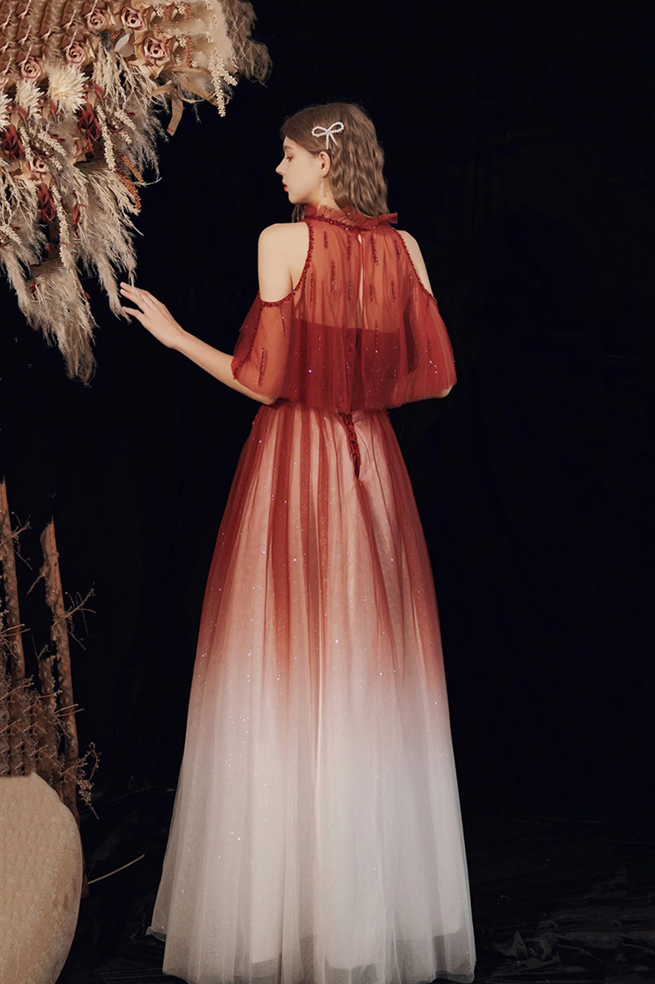 Burgundy Tulle Long Prom Dress with Sequins, Cute A-Line Party Dress