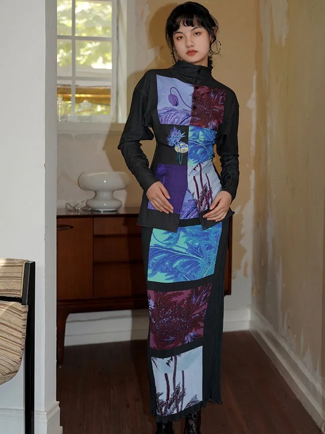 Chinese Style Retro Print Long Pleated Skirt