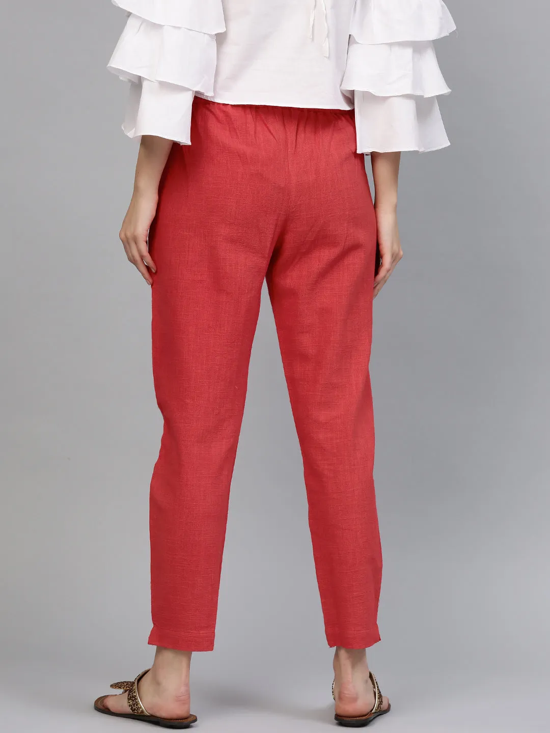 Coral Solid Cotton Slub Straight Pants