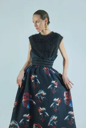 Corseted Print Flare Skirt Black