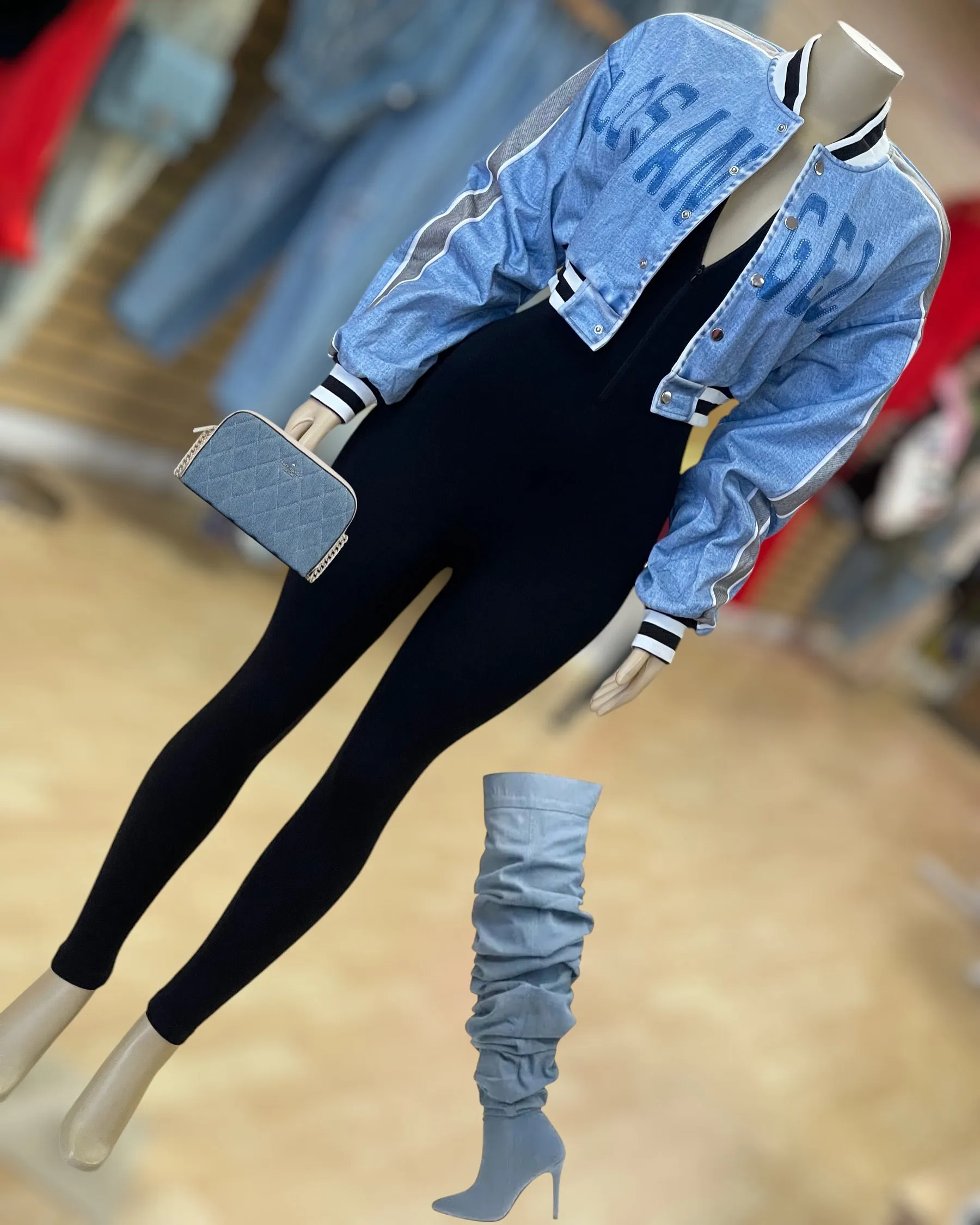 Denim Print LA Cropped Top Bomber Jacket