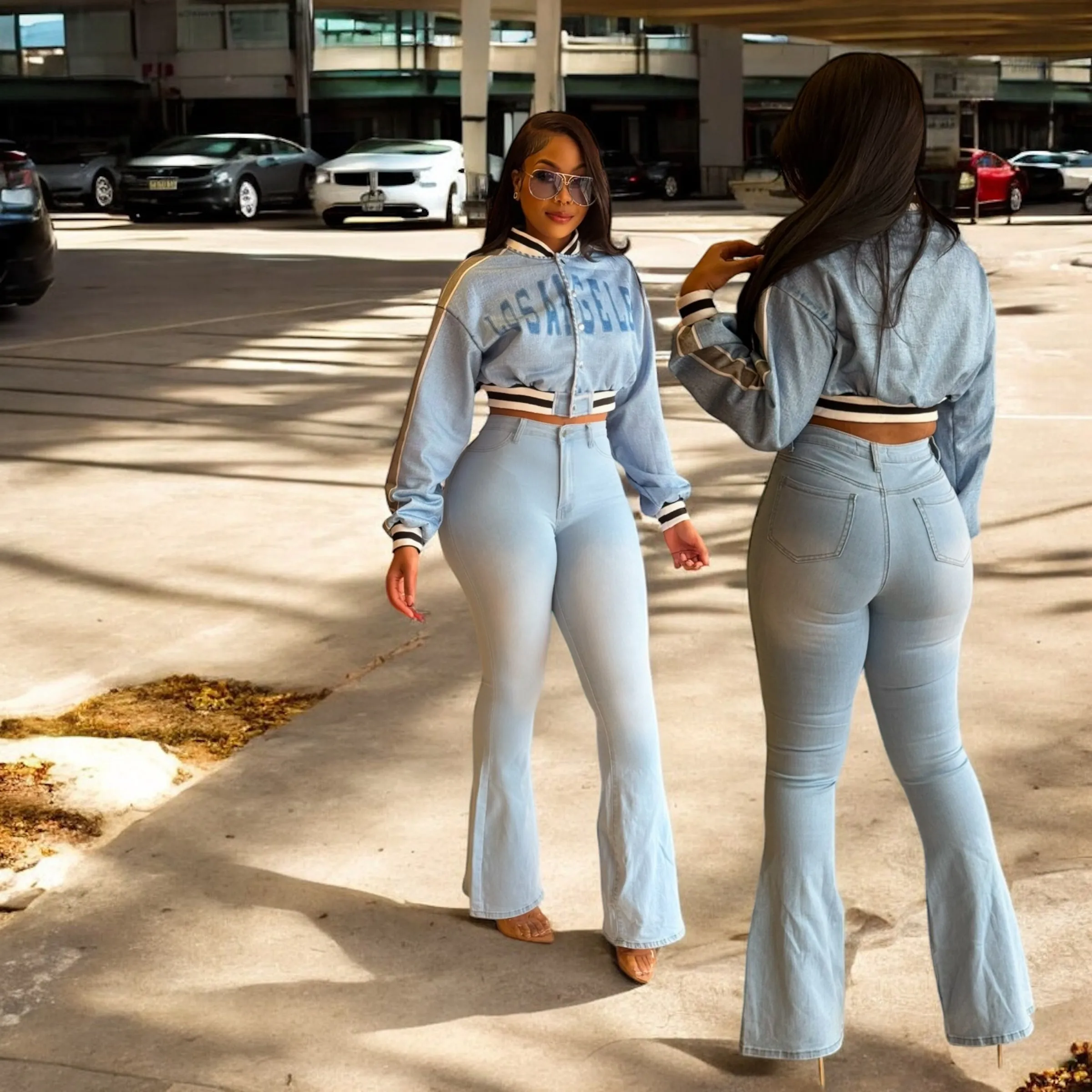 Denim Print LA Cropped Top Bomber Jacket