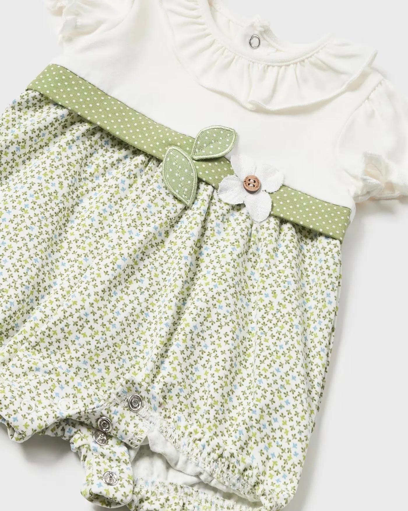 Eucalyptus Green Printed Romper with Daisy Appliqué