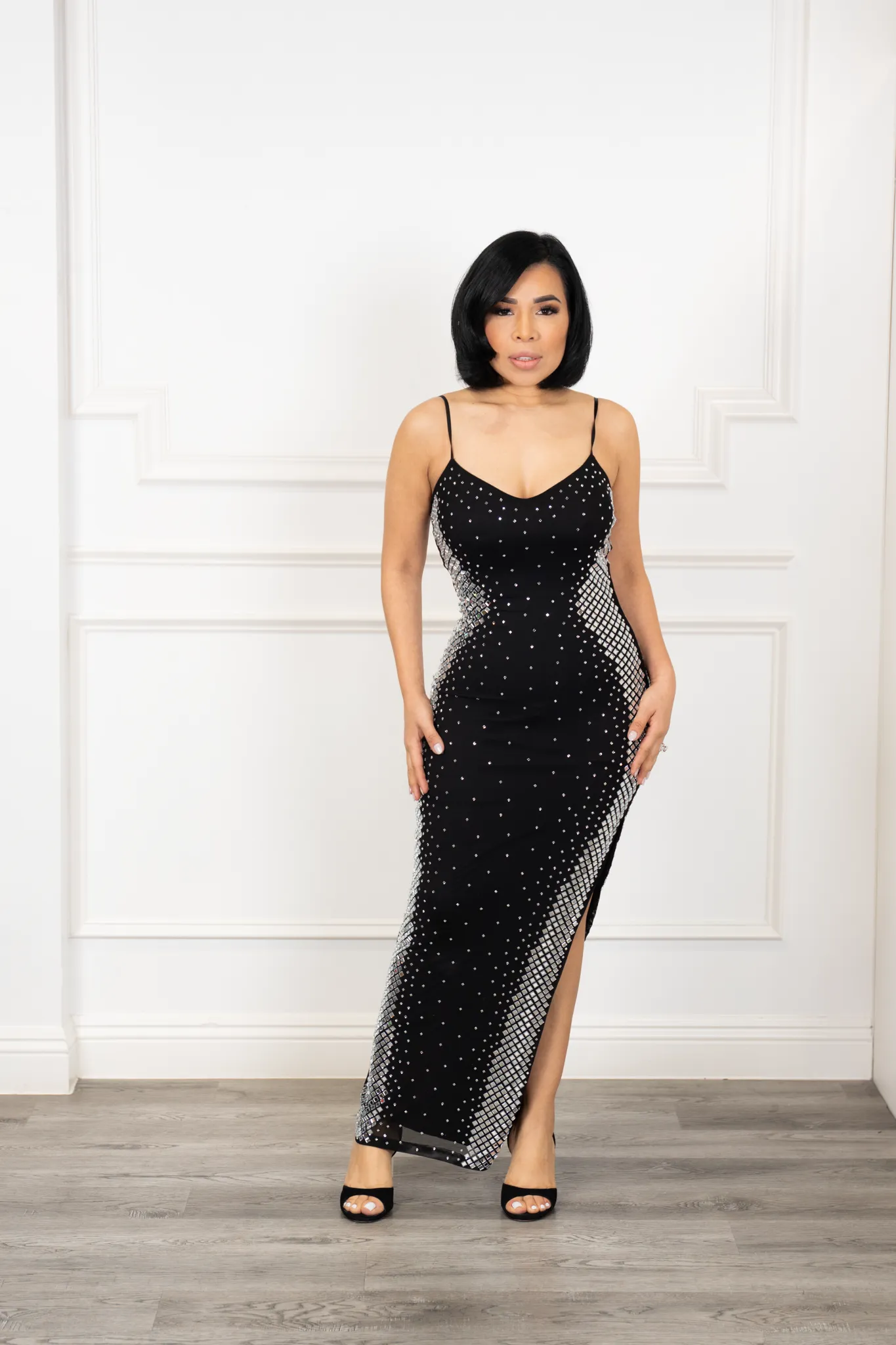 Evelyn - Black Pencil Dress with Crystal Accents