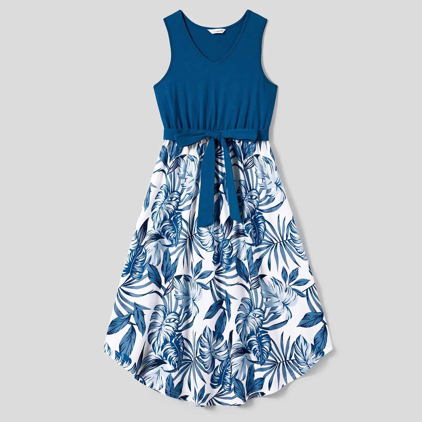Family Matching Plant Print Splice Belted Tank Dresses and Color Block Short-sleeve T-shirts Sets