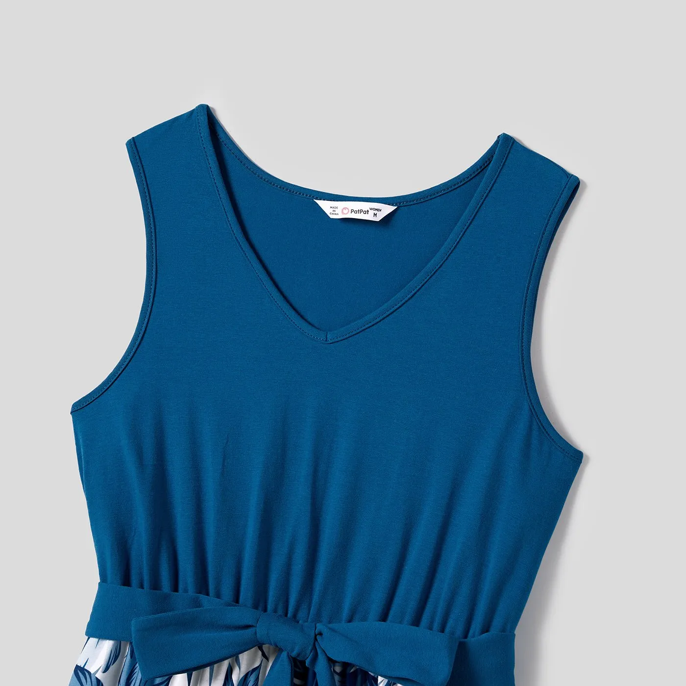 Family Matching Plant Print Splice Belted Tank Dresses and Color Block Short-sleeve T-shirts Sets