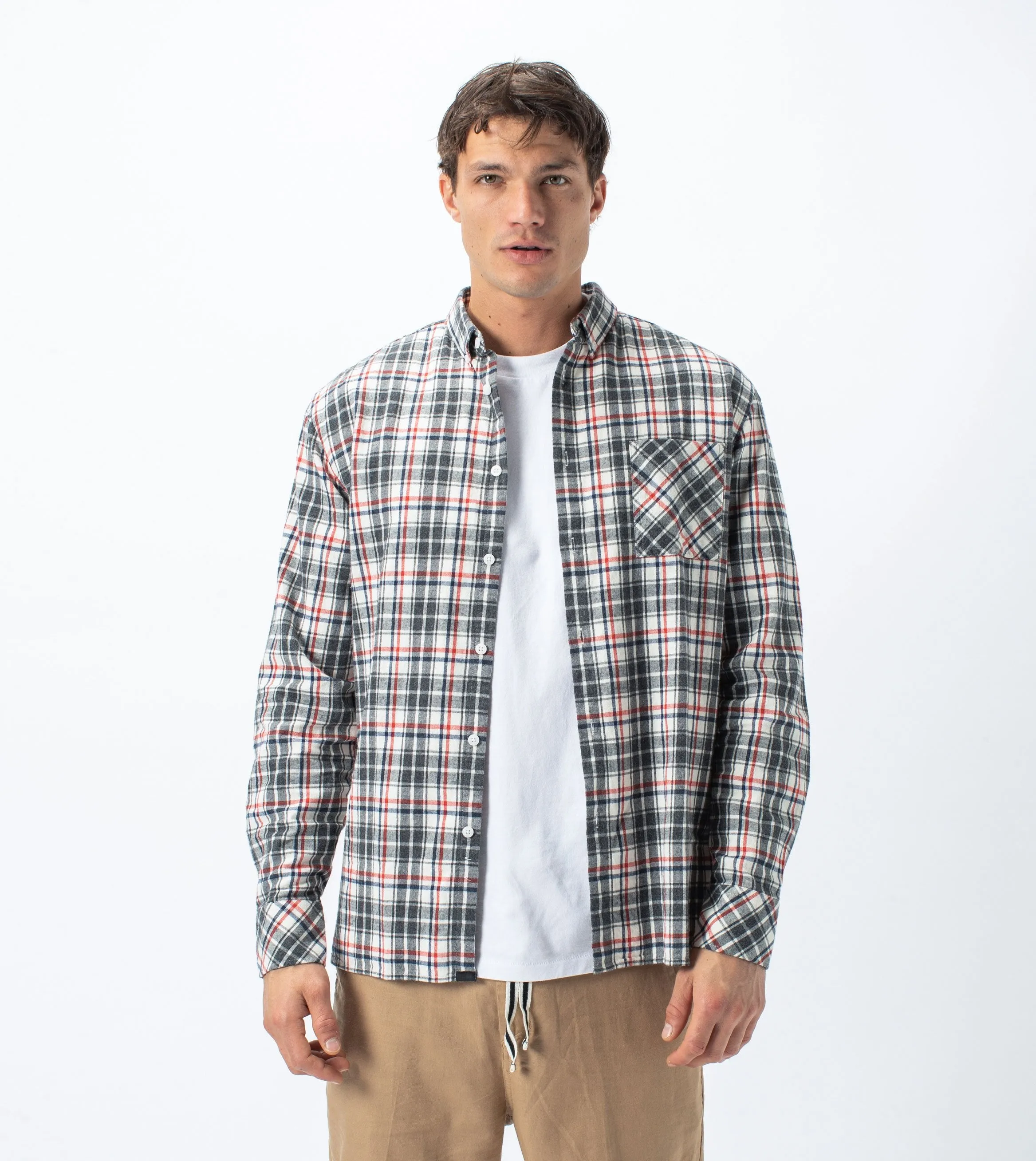 Flannel Lightweight LS Shirt Milk/Grey - Sale