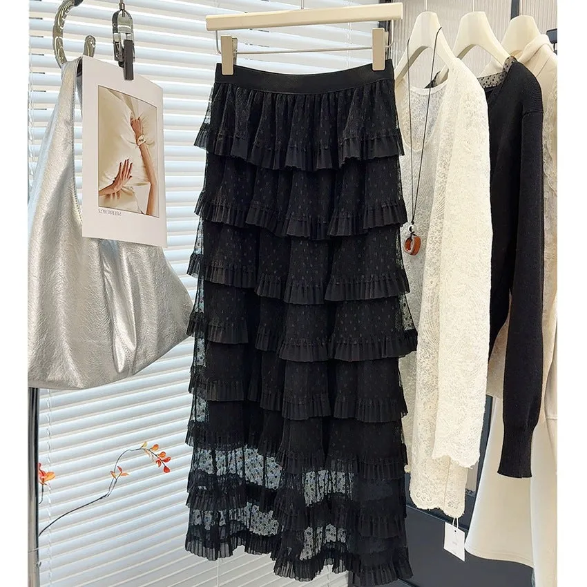 French High Waist Tulle Puffy Tiered Midi Skirt