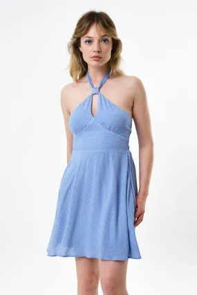 Geri Petite Dot Halter Neck Mini Dress Blue
