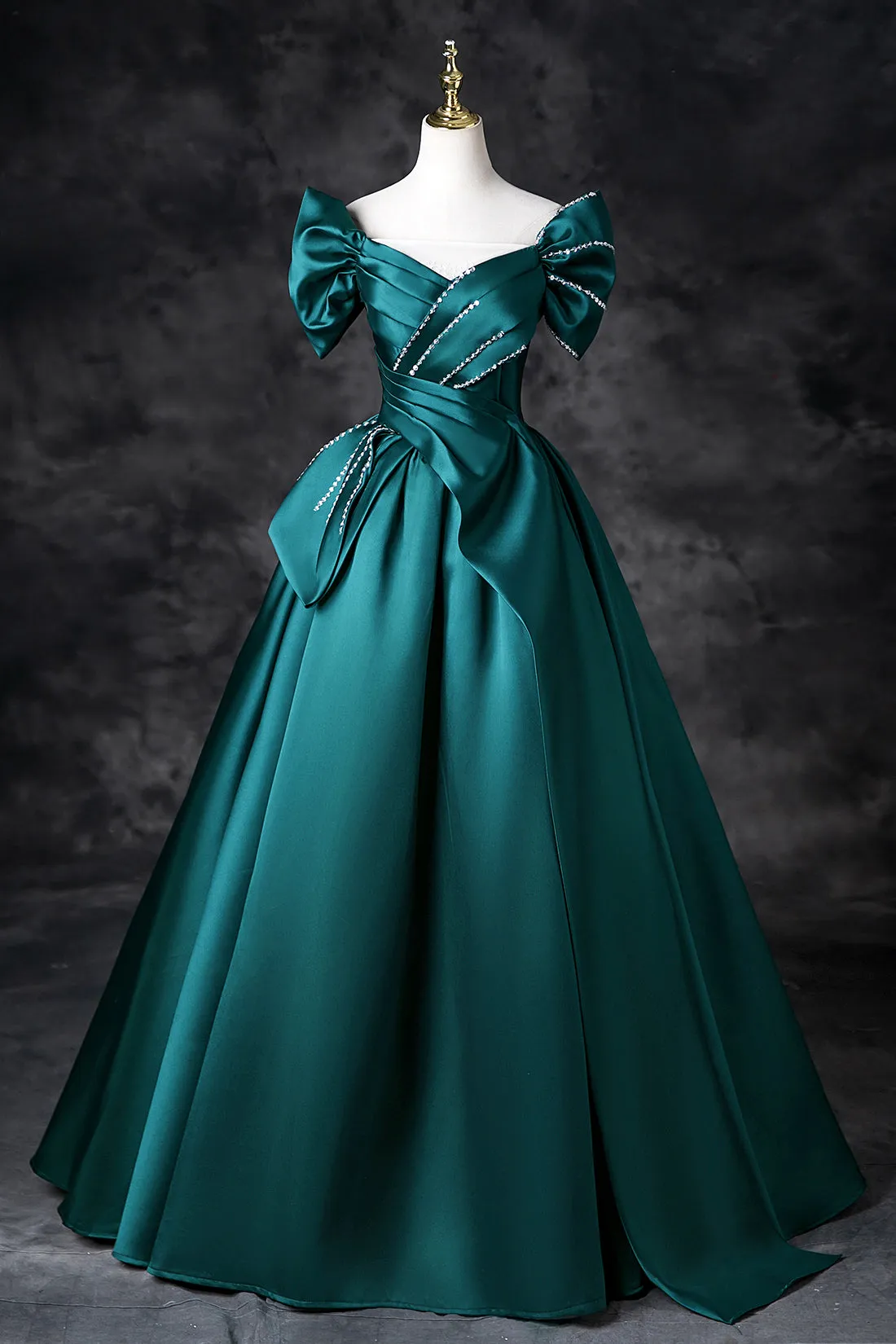 Green Satin Long A-Line Prom Dress, Green Off the Shoulder Evening Party Dress