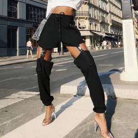 High Wais Black Stretch Holes Belt Cutout Pants