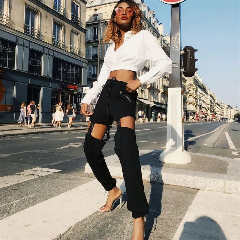 High Wais Black Stretch Holes Belt Cutout Pants